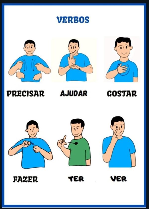 Material bilíngue para alfabetização de surdos com Libras e Português escrito.