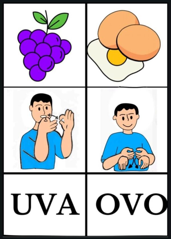 Material bilíngue para alfabetização de surdos com Libras e Português escrito.