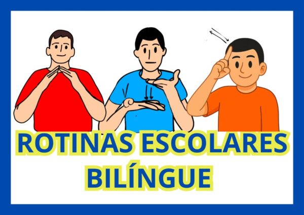 Capa do material educativo com cenas de rotina escolar sinalizadas em Libras e legendadas em português, para crianças surdas e autistas