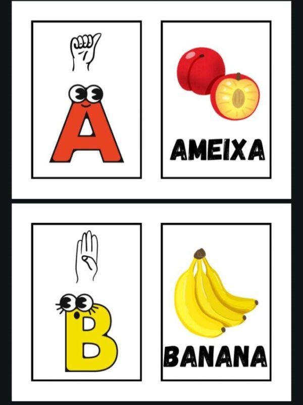 Kit com alfabeto manual em Libras, chaveiro bilíngue, painéis coloridos e imagens ilustradas com legenda em português para educação de surdos e autistas