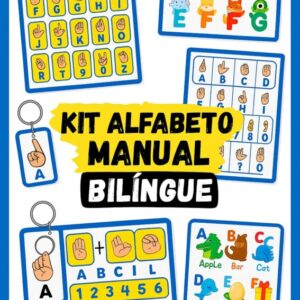 Kit com alfabeto manual em Libras, chaveiro bilíngue, painéis coloridos e imagens ilustradas com legenda em português para educação de surdos e autistas