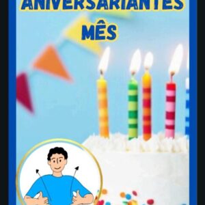 Painel colorido com a frase “Parabéns!” e os meses do ano sinalizados em Libras