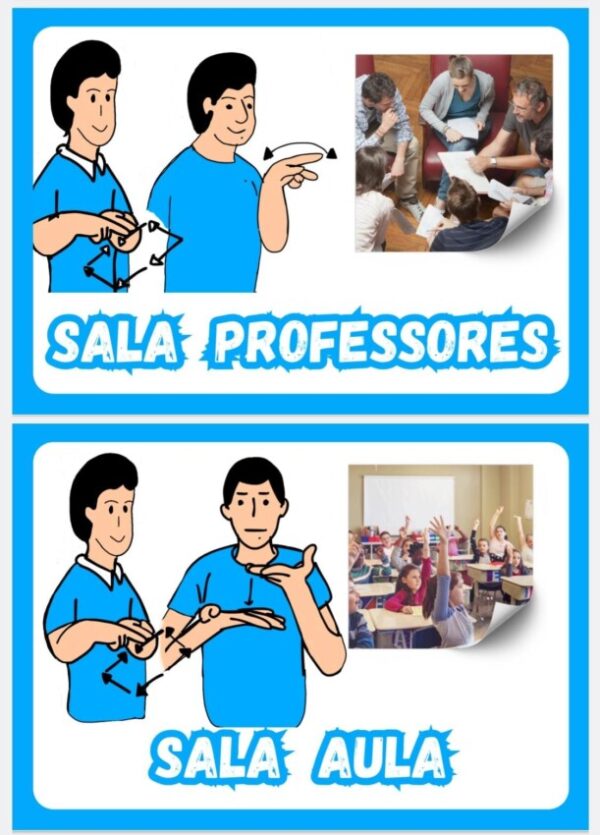 Placas escolares com sinalização em Libras, legenda em português e ícones coloridos