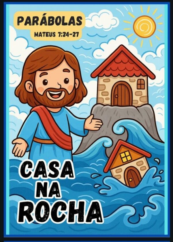 Ilustração colorida da parábola da Casa na Rocha com Jesus ensinando e casas sobre areia e rocha.