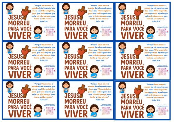 Folhetos evangelísticos com mensagens de Jesus ilustradas em estilo colorido.