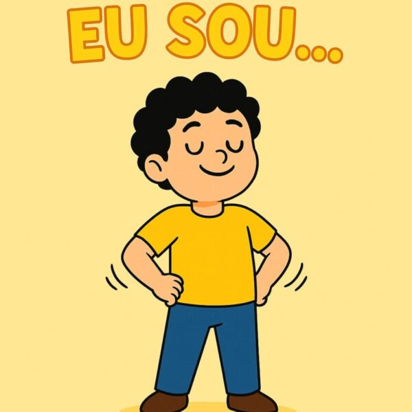 Cartaz motivacional Setembro Amarelo com a frase “EU SOU...”, personagem sorridente e mensagem de valorização da vida.