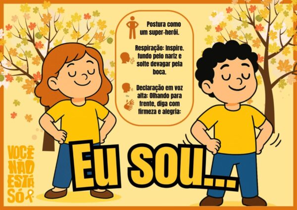 Cartaz motivacional Setembro Amarelo com a frase “EU SOU...”, personagem sorridente e mensagem de valorização da vida.