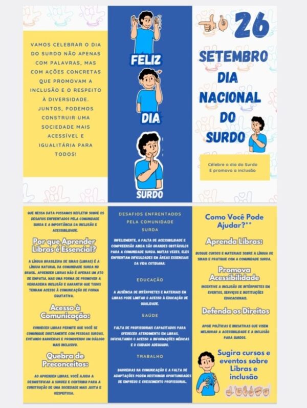 Material bilíngue para o Dia do Surdo, com painel montável, dado em Libras, cartazes, caixa lembrança, folheto e marca-páginas.