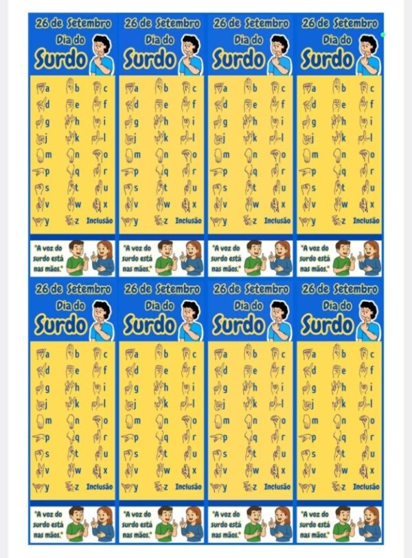 Material bilíngue para o Dia do Surdo, com painel montável, dado em Libras, cartazes, caixa lembrança, folheto e marca-páginas.
