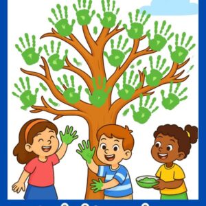 Atividade escolar para o Dia da Árvore com árvore gigante em 16 páginas A4, onde alunos pintam as mãos de verde para formar as folhas.
