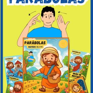 Ilustração infantil da parábola do semeador com Jesus sorridente semeando sementes, em estilo cartoon.