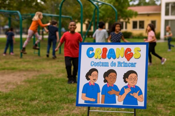 Material bilíngue para o Dia das Crianças com painéis coloridos e sinalizados