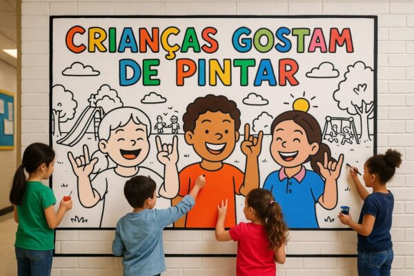Material bilíngue para o Dia das Crianças com painéis coloridos e sinalizados