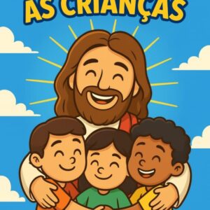 Kit infantil “Diversão com Jesus” com painel “Sejam Bem-vindos”, placas, identificadores, certificado de Filho de Deus e plano da salvação.