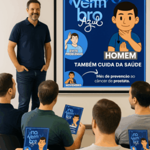 Mural e cartão marca-texto bilíngues do Novembro Azul com sinalização em Libras, incentivando a prevenção e o cuidado com a saúde masculina.