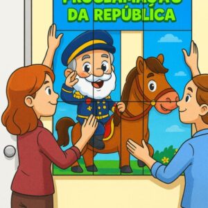 Material educativo bilíngue com painel em datilologia, viseira e jogo da memória sobre o Dia da Proclamação da República, voltado para o ensino inclusivo e visual.