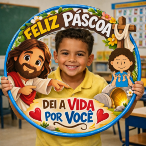Cartaz Bambolê Feliz Páscoa Cristã em Libras – Painel Fotográfico Infantil