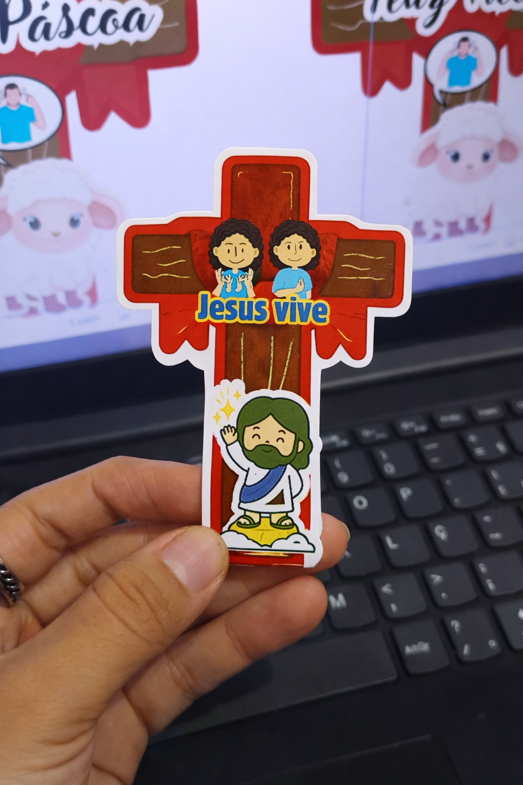 Lembrancinha Páscoa Cristã em PDF – Cruz “Jesus Vive” com Libras | Material Bilíngue Inclusivo
