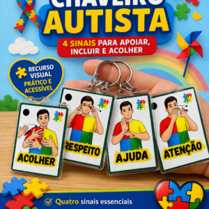Chaveiro Autismo com Sinais em Libras – Acolher, Respeito, Ajuda e Atenção | Material Inclusivo