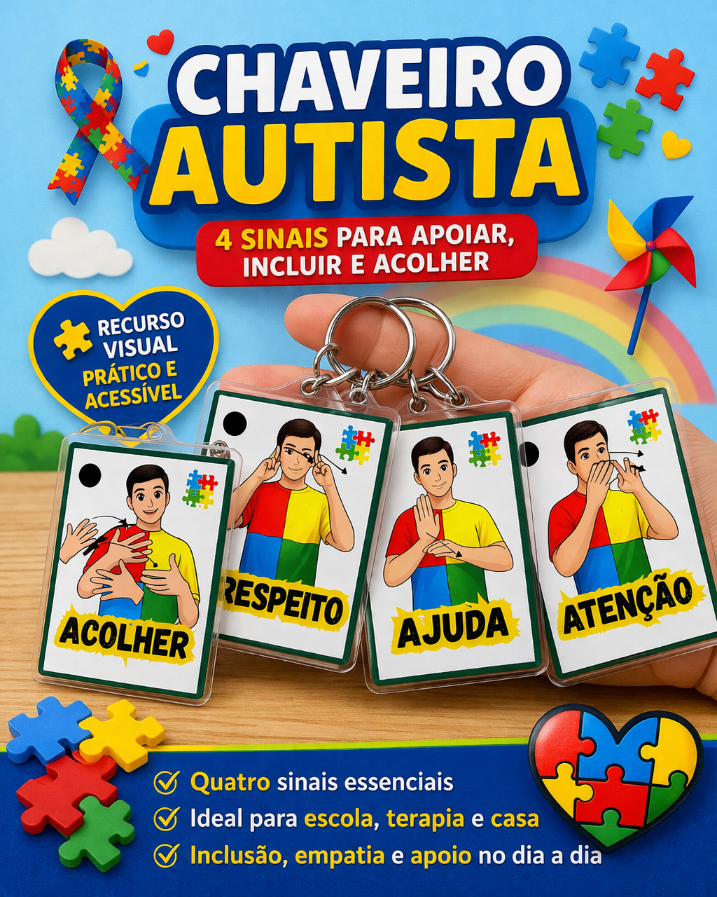 Chaveiro Autismo com Sinais em Libras – Acolher, Respeito, Ajuda e Atenção | Material Inclusivo