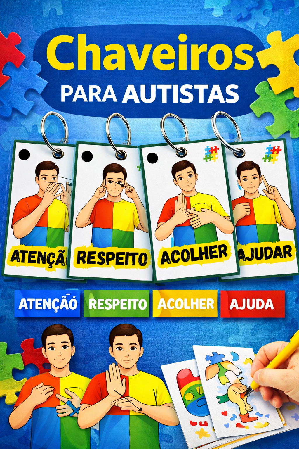 Chaveiro Autismo com Sinais em Libras – Acolher, Respeito, Ajuda e Atenção | Material Inclusivo - Imagem 3