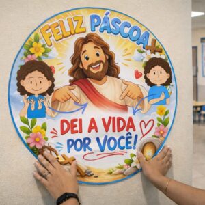 Cartaz Circular Feliz Páscoa Cristã em Libras – Painel Colorido A4 para Montagem