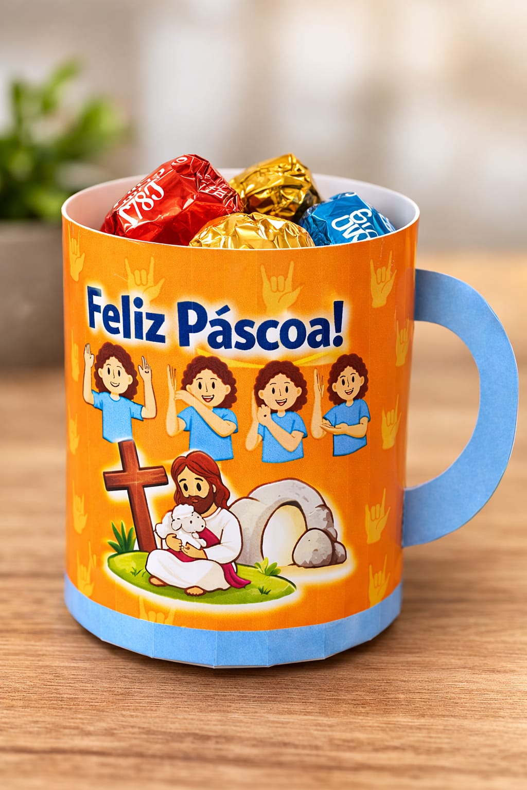 Lembrancinha Caneca de Papel – Páscoa Cristã em Libras (PDF para Imprimir)