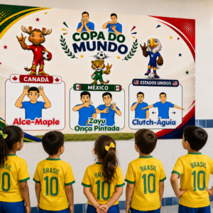 Mural Bilíngue “Copa do Mundo em Libras – Mascotes e Países”
