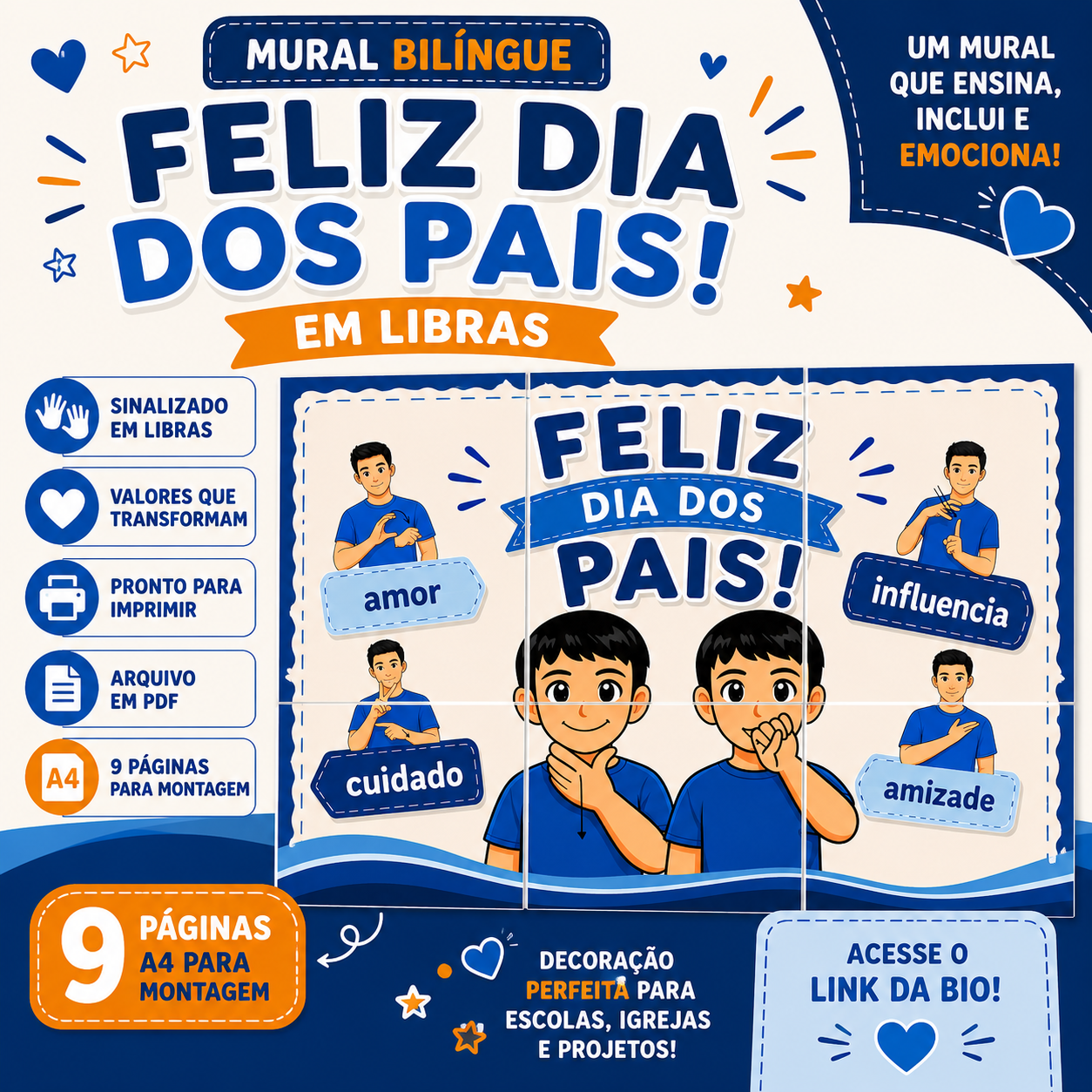 Mural Bilíngue – Feliz Dia dos Pais em Libras | 9 Páginas A4 para Montagem