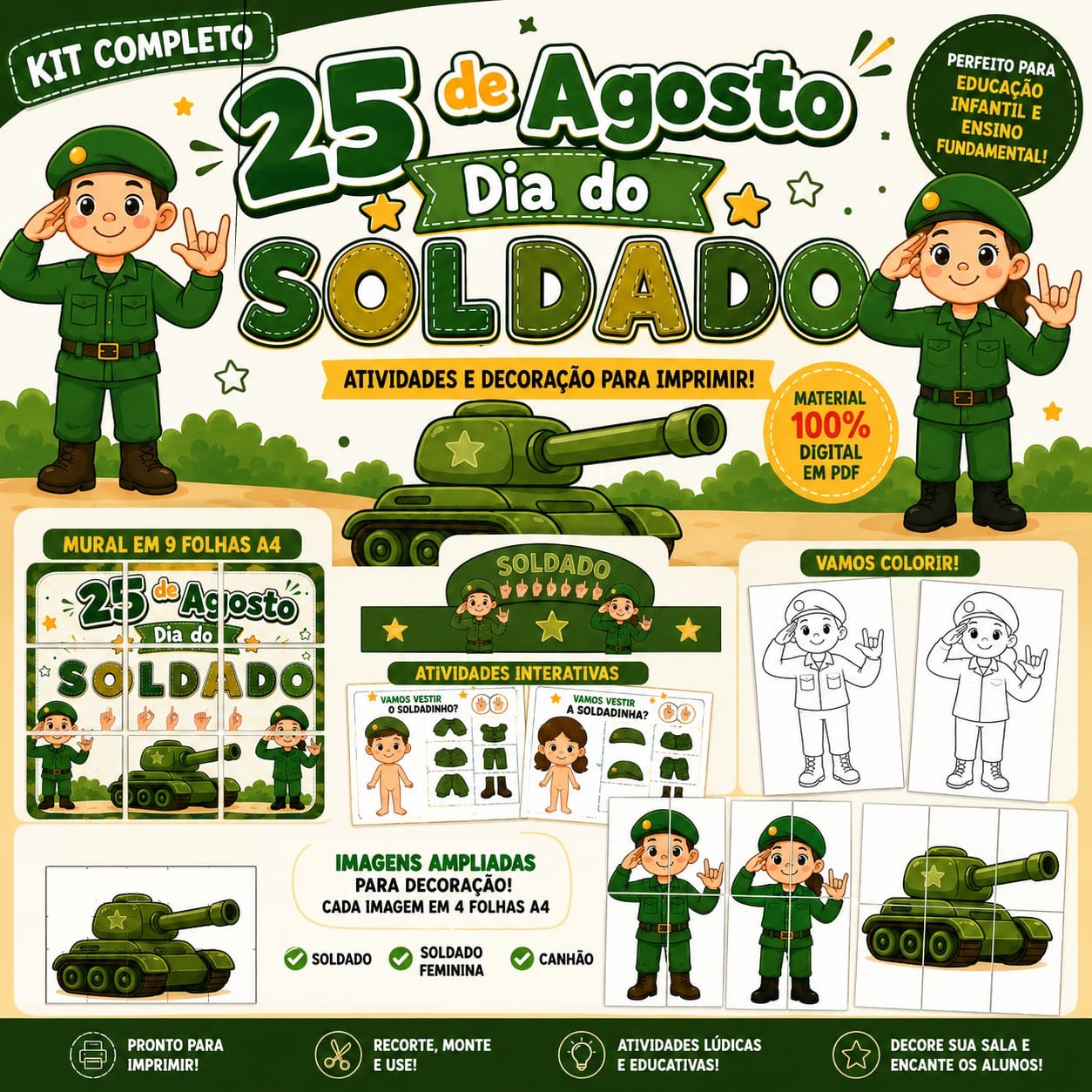 Kit Dia do Soldado 25 de Agosto | Mural, Viseira, Atividades e Decoração para Imprimir