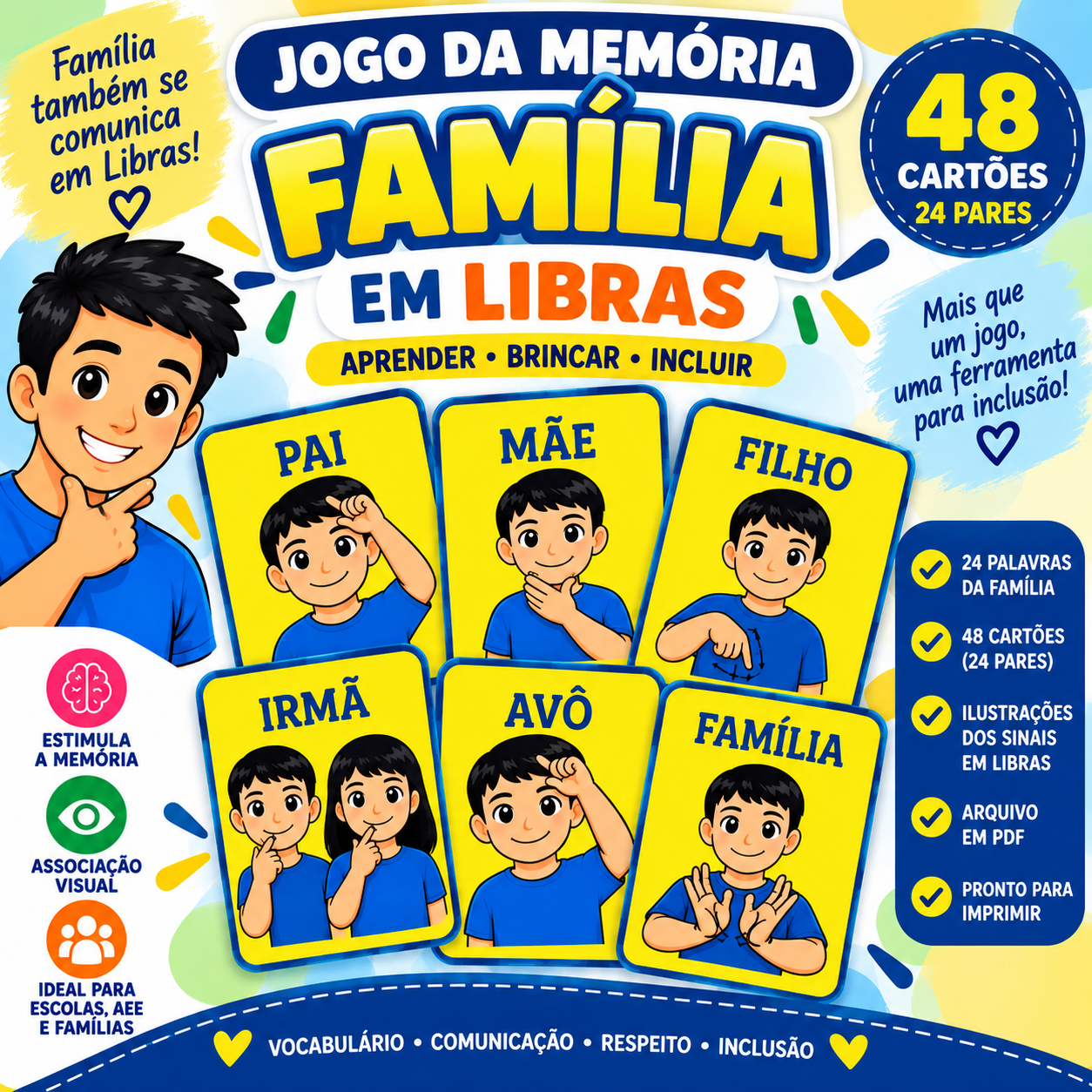 Jogo da Memória Família em Libras | 48 Cartões Bilíngues