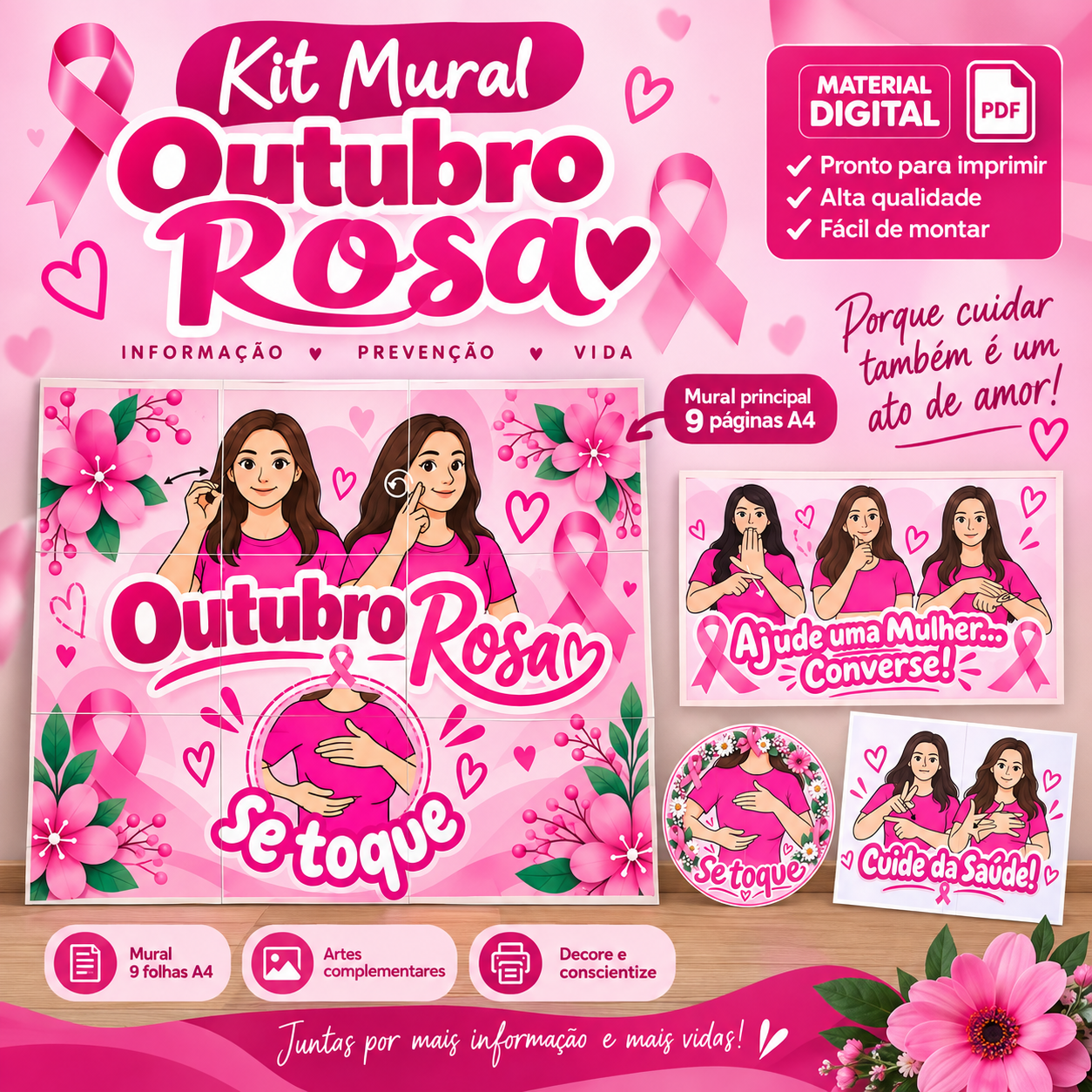 Kit Mural Outubro Rosa | Se Toque e Cuide da Saúde