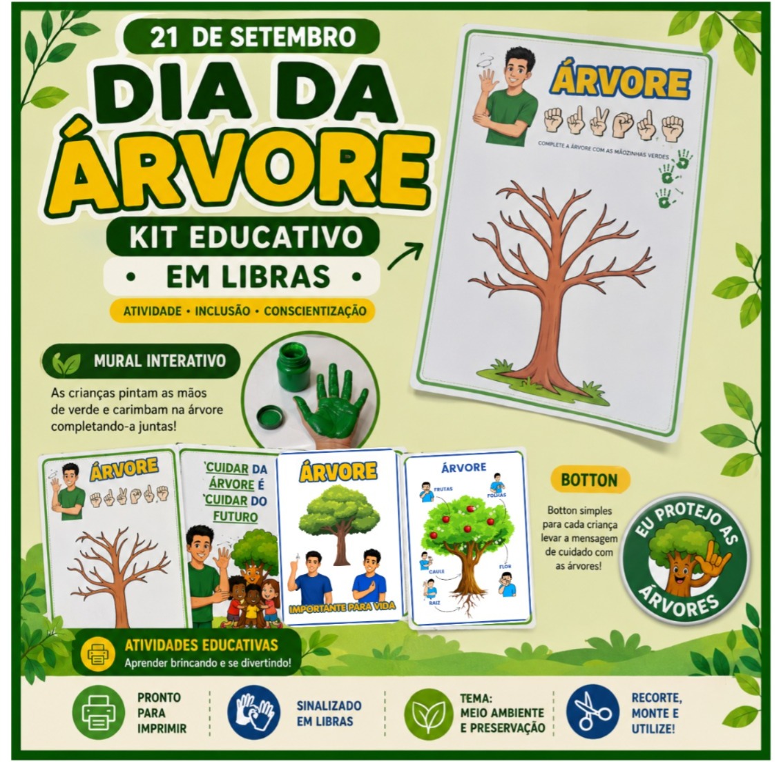 Kit Educativo Dia da Árvore em Libras | Mural Interativo + Atividades + Botton